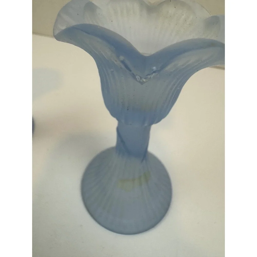 Vintage Frosted Blue Glass Tulip Candlestick Holders Ribbed Pair Set of 2 FLAW